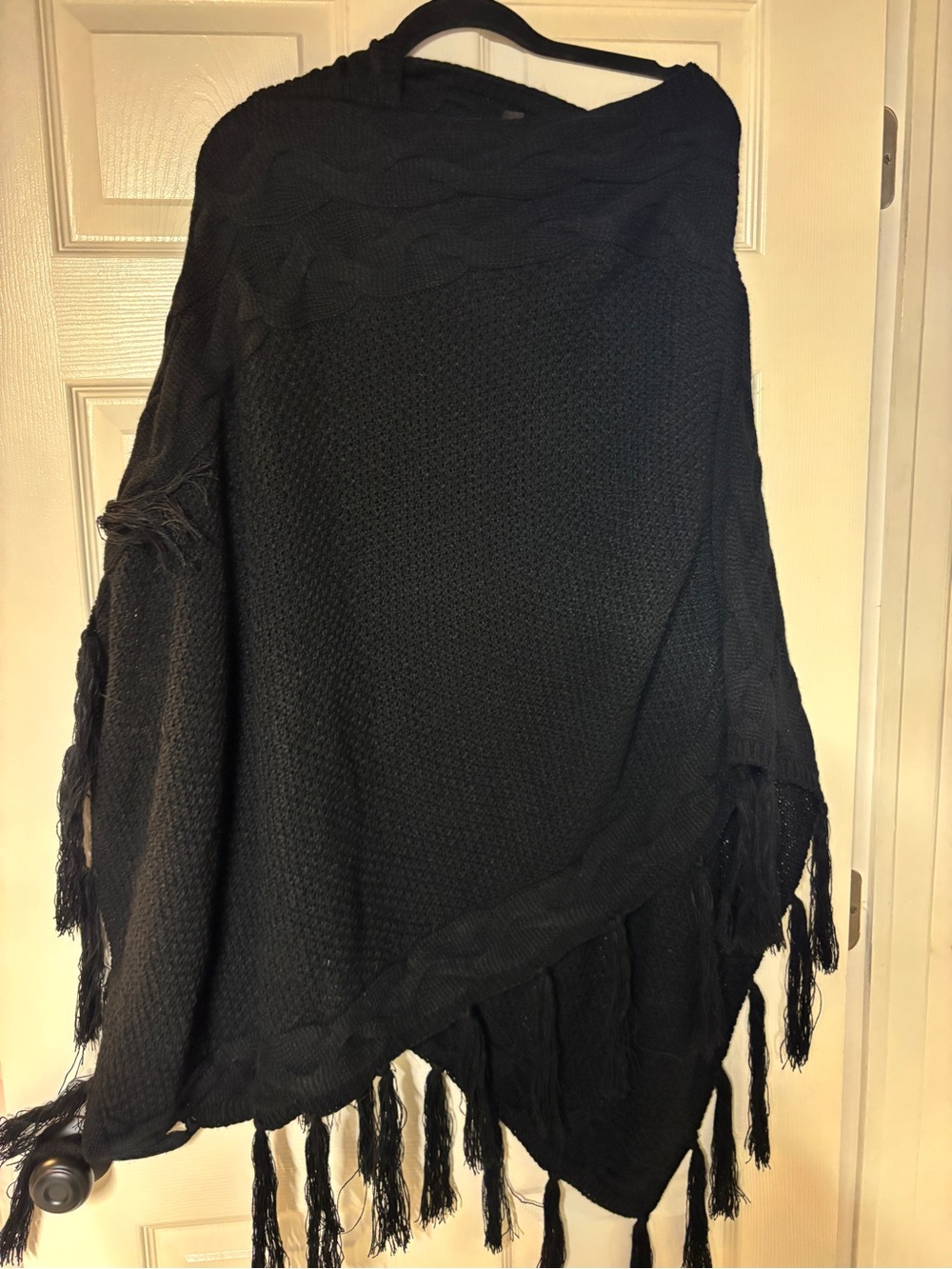 Black Fringe Knit Women's Poncho Sweater